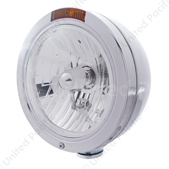 Stainless Steel Bullet Classic Headlight Crystal H4 Bulb & Turn Signal - Amber Lens