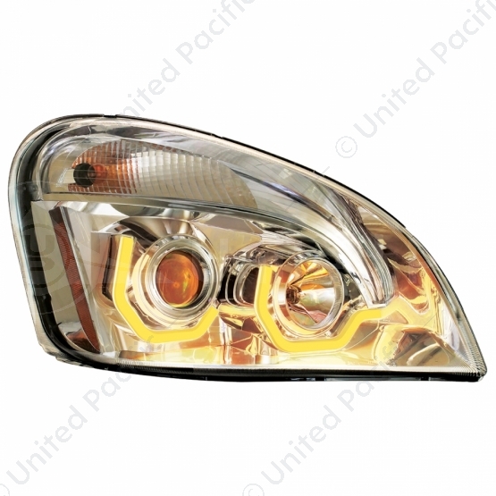 Chrome Projection Headlight W/Dual Function Amber LED Position Lights For 2008-17 FL Cascadia - Pass