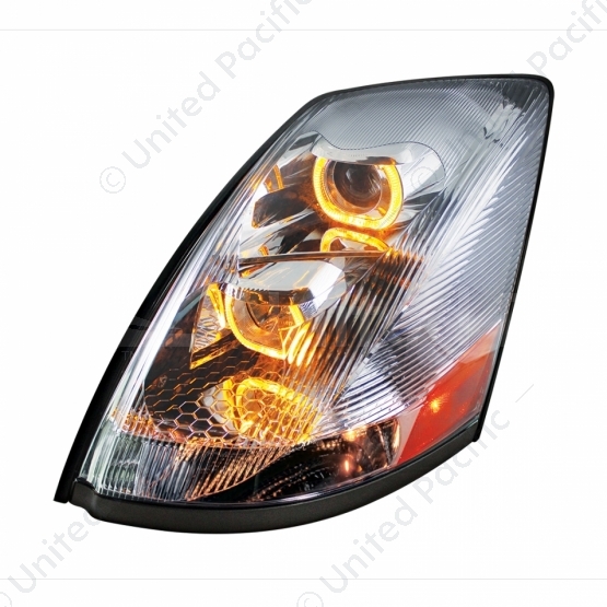 Chrome Projection Headlight With Amber LED Light Bar For 2003-2017 Volvo VN/VNL - Driver