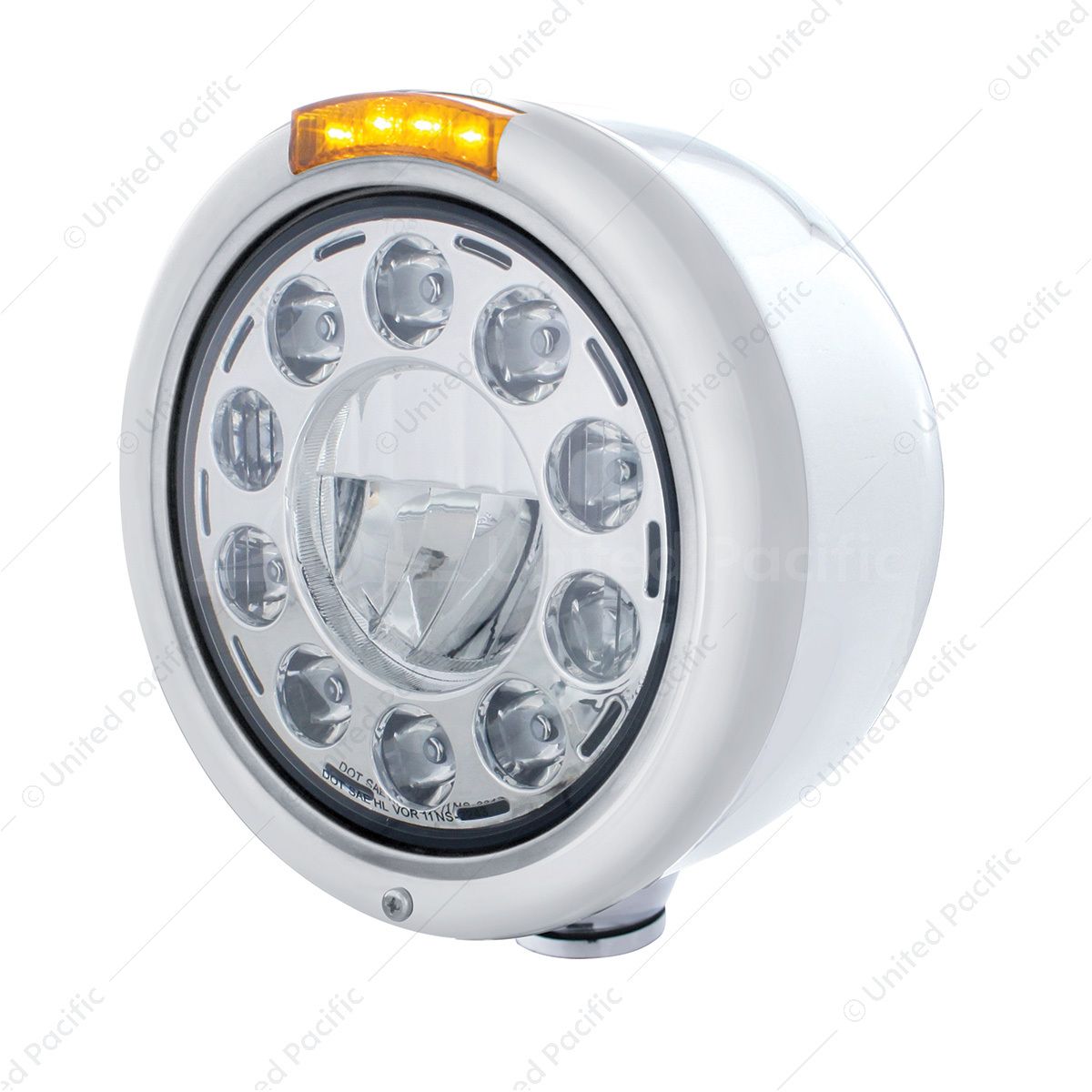 Stainless Classic Half Moon Headlight 11 LED Bulb & LED Signal - Amber Lens