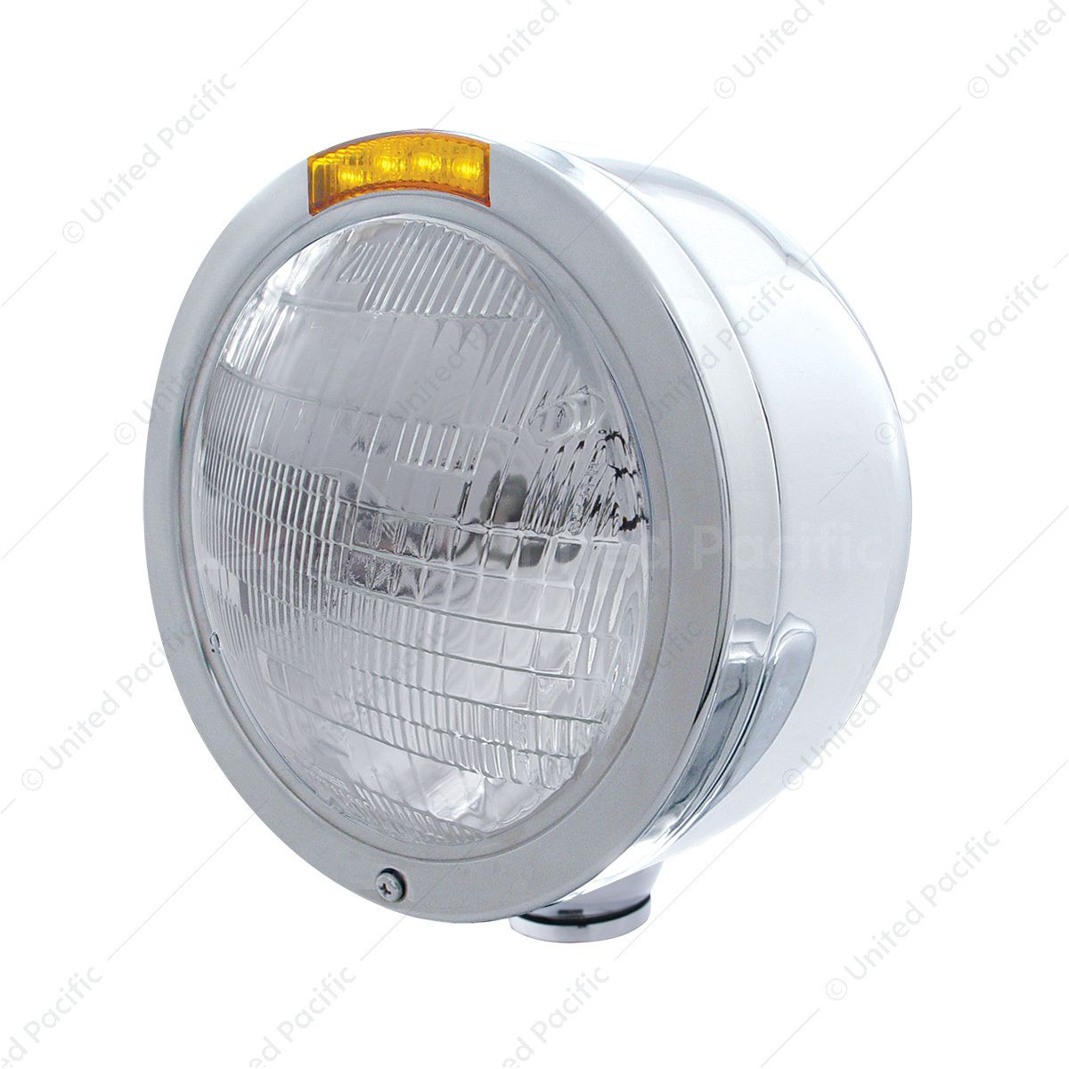 Stainless Steel Bullet Half Moon Headlight 6014 Bulb & LED Turn Signal - Amber Lens