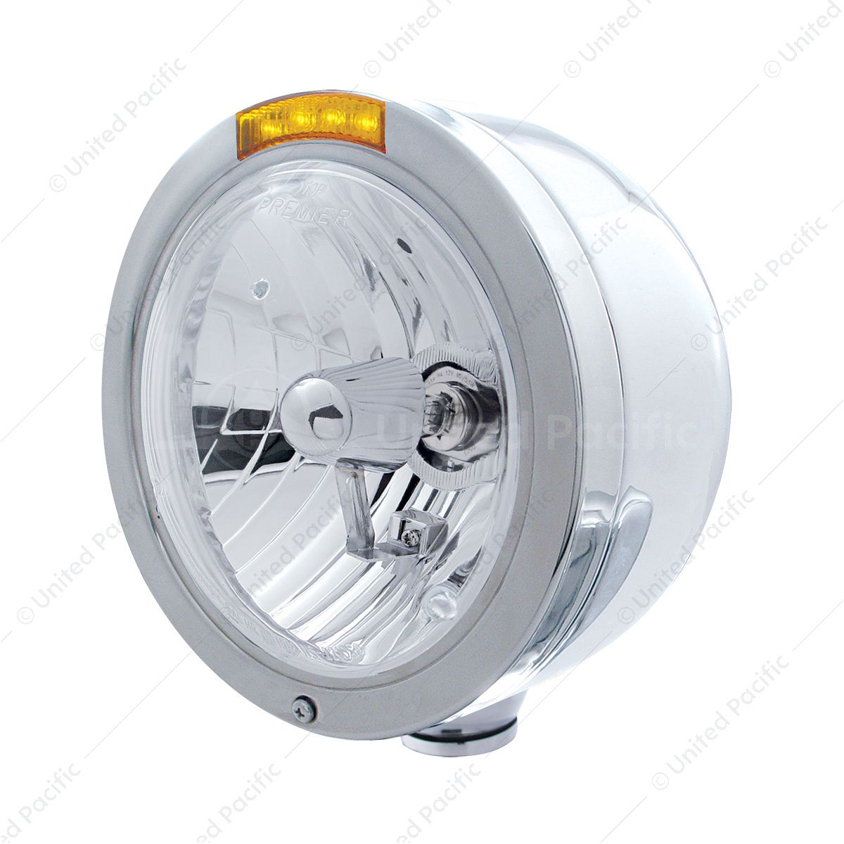 Stainless Steel Bullet Half Moon Headlight Crystal H4 Bulb & LED Turn Signal - Amber Lens