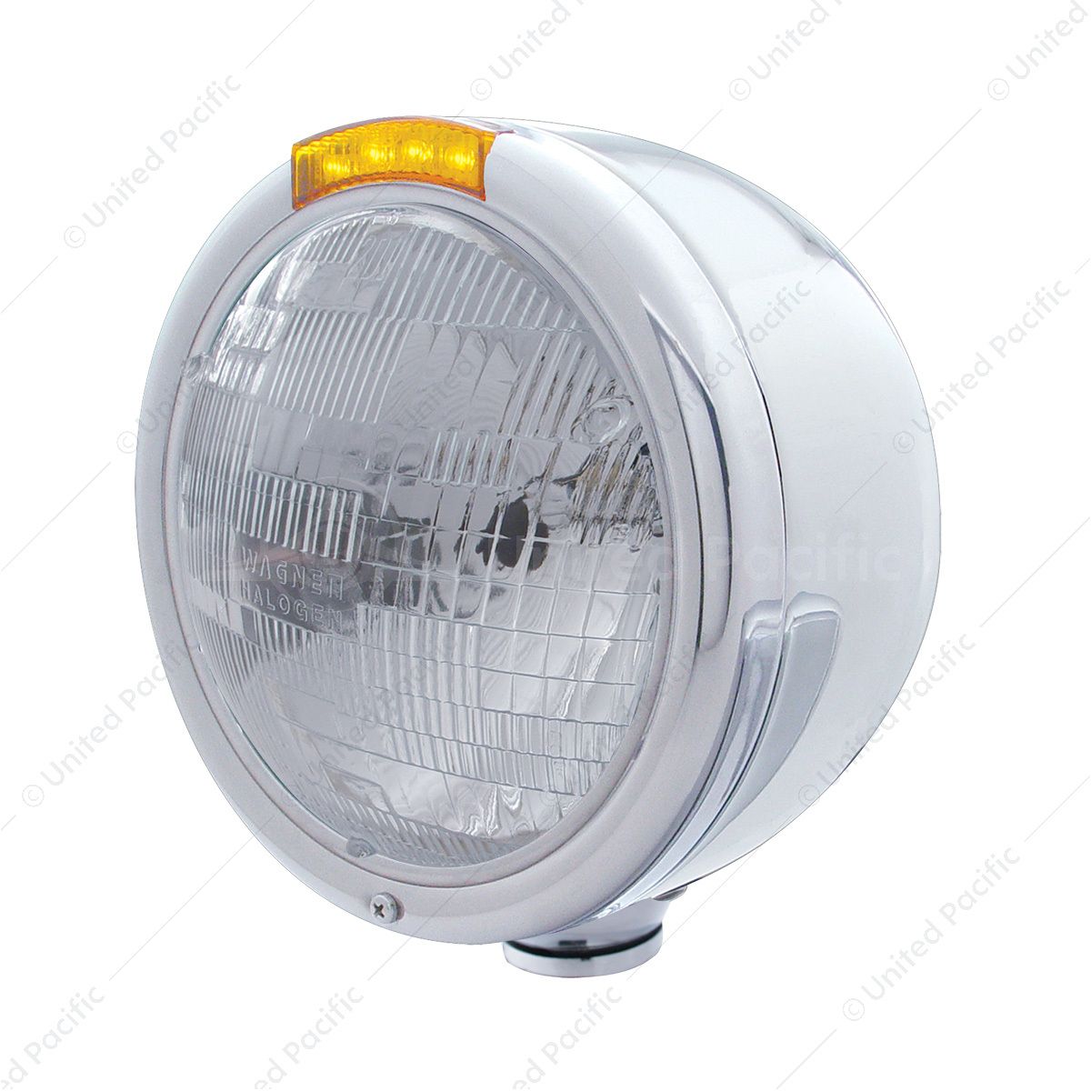 Stainless Steel Classic Half Moon Headlight H6024 Bulb & LED Turn Signal - Amber Lens