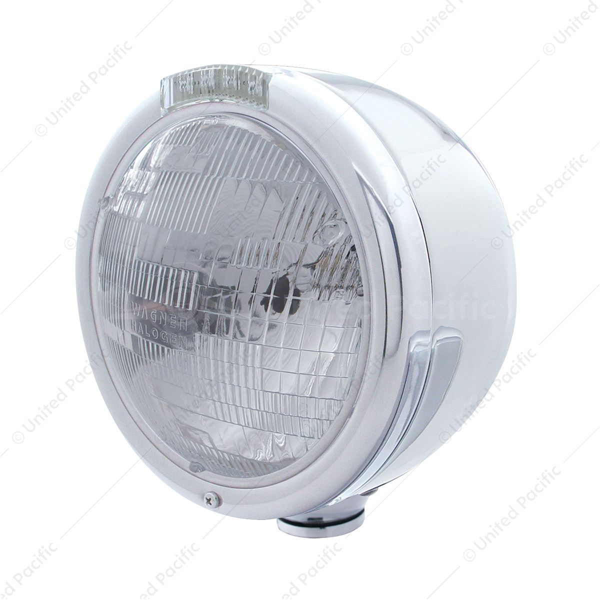 Stainless Steel Classic Half Moon Headlight H6024 Bulb & LED Turn Signal - Clear Lens