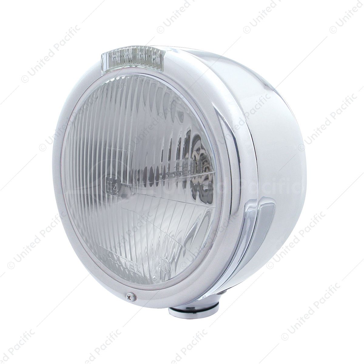 Stainless Steel Classic Half Moon Headlight H4 Bulb & LED Turn Signal - Clear Lens