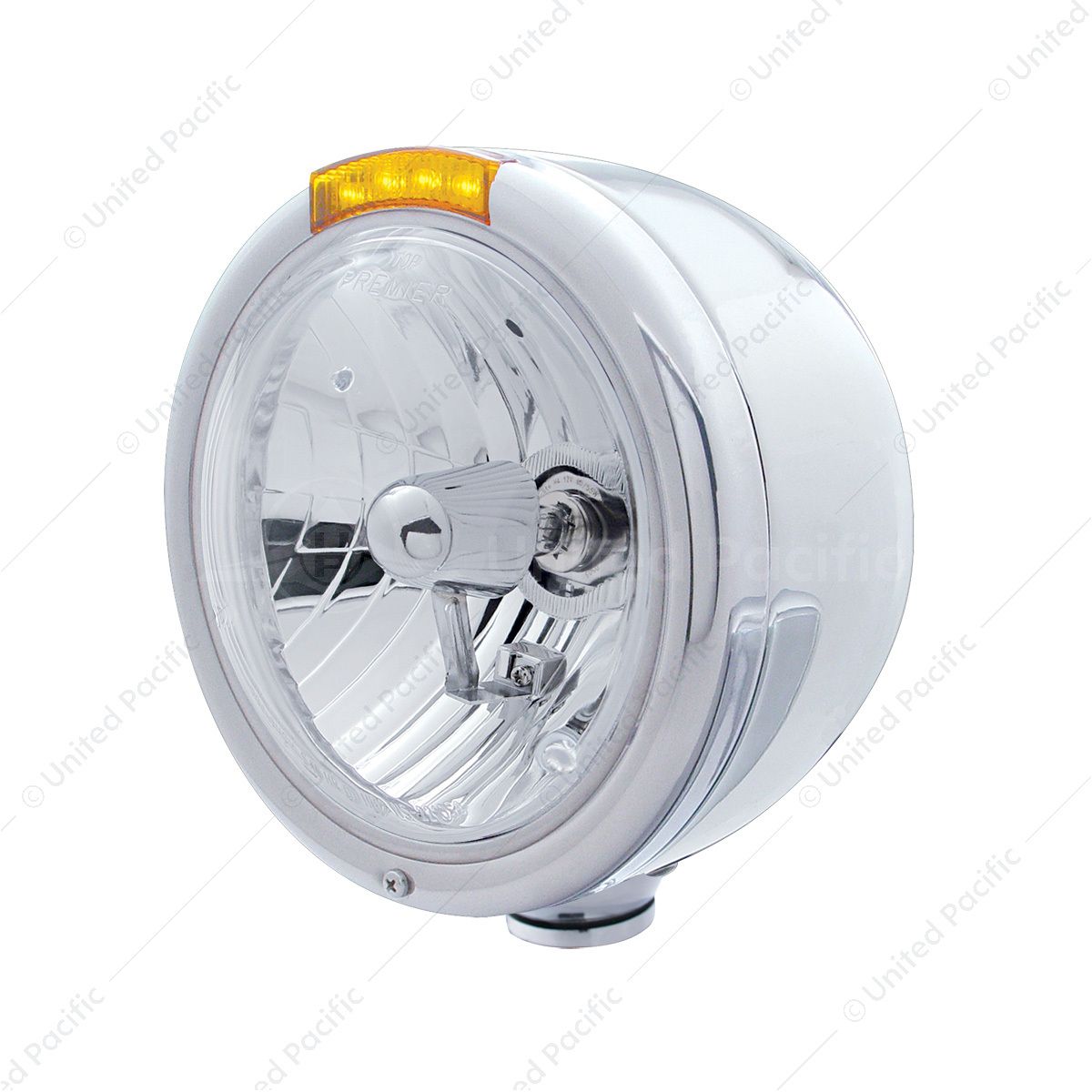 Stainless Steel Classic Half Moon Headlight Crystal H4 Bulb & LED Turn Signal - Amber Lens