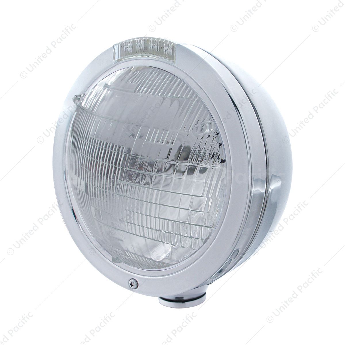 Stainless Steel Bullet Classic Headlight 6014 Bulb & LED Turn Signal - Clear Lens