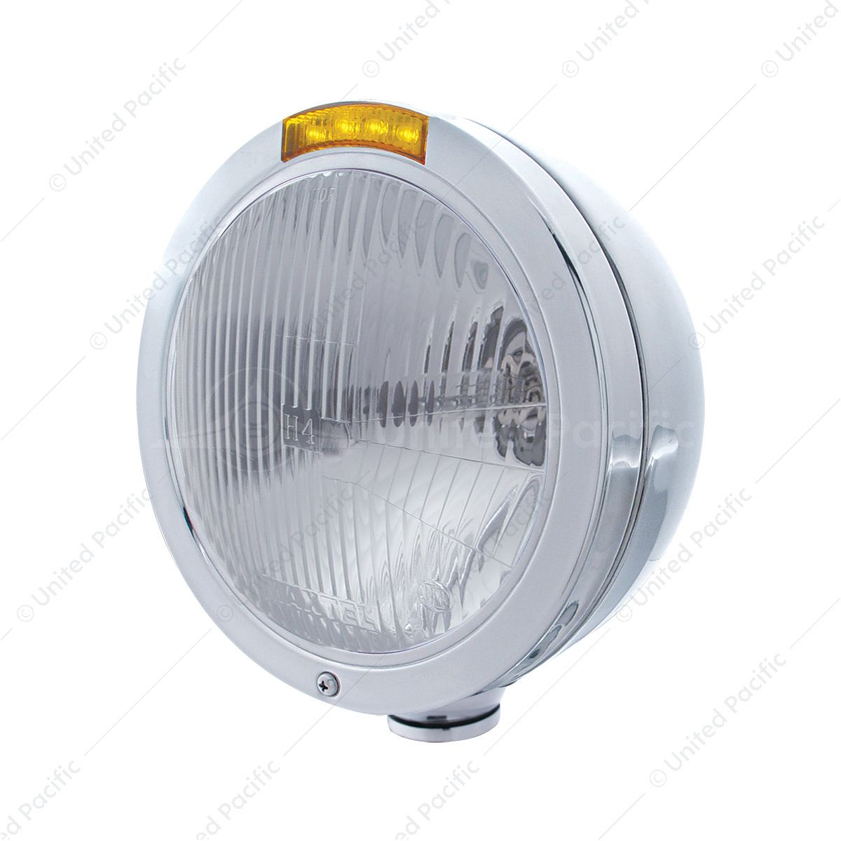 Stainless Steel Bullet Classic Headlight H4 Bulb & LED Turn Signal - Amber Lens