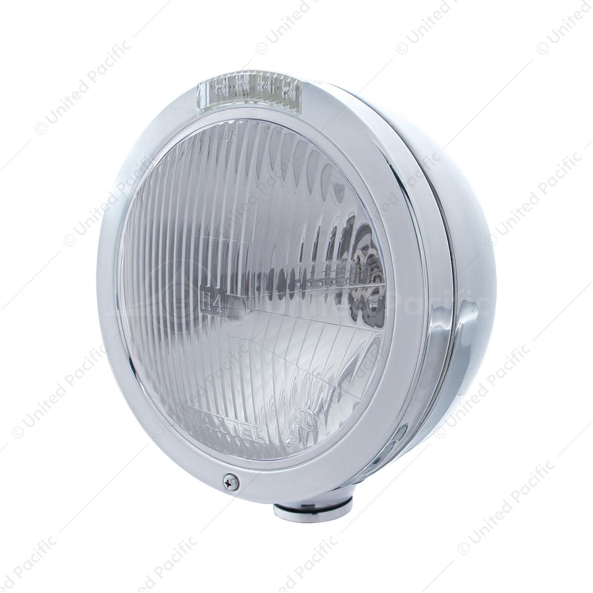 Stainless Steel Bullet Classic Headlight H4 Bulb & LED Turn Signal - Clear Lens