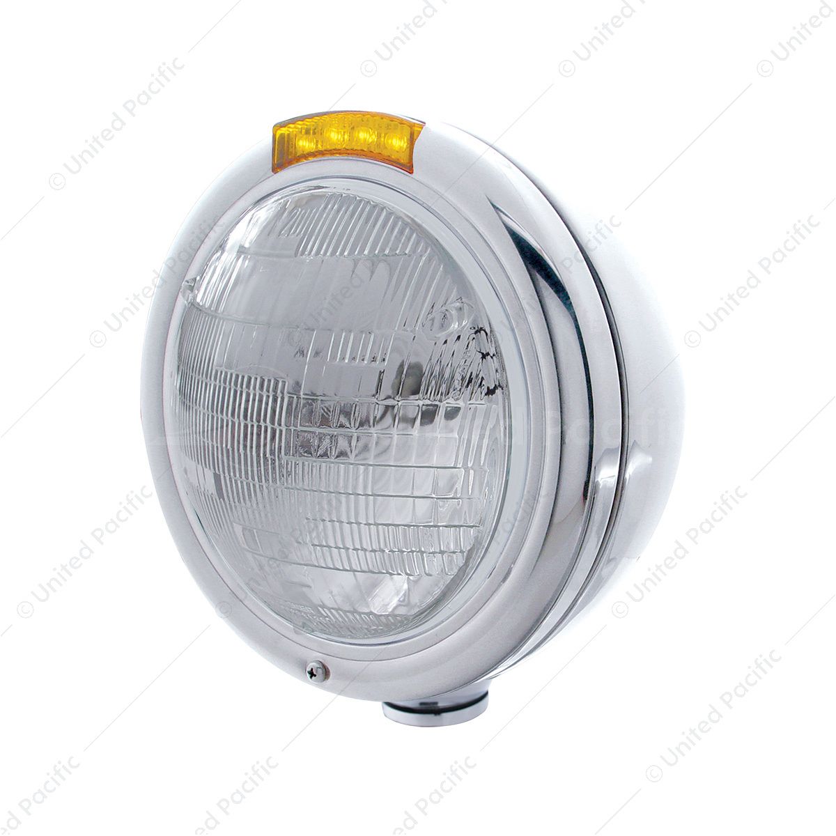 Stainless Steel Classic Headlight 6014 Bulb & LED Turn Signal - Amber Lens