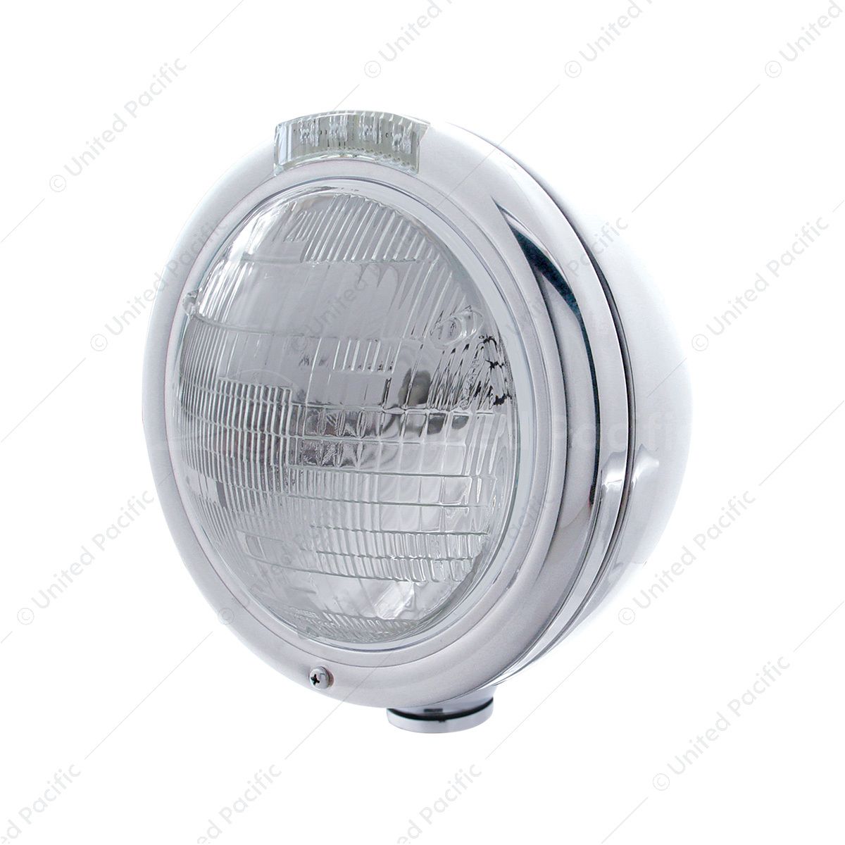Stainless Steel Classic Headlight 6014 Bulb & LED Turn Signal - Clear Lens