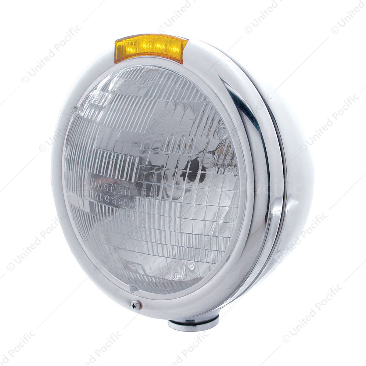 Stainless Steel Classic Headlight H6024 Bulb & LED Turn Signal - Amber Lens