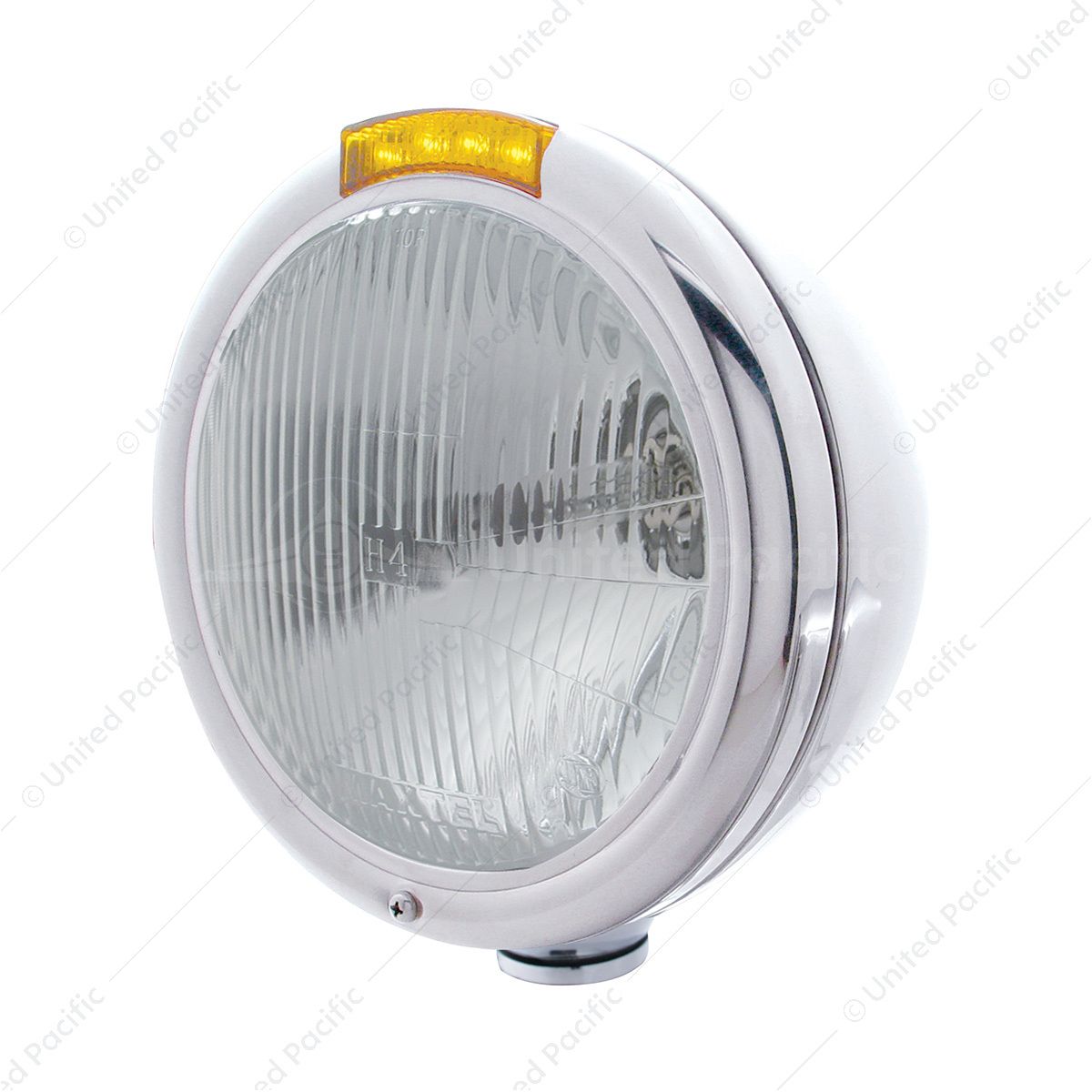 Stainless Steel Classic Headlight H4 Bulb & LED Turn Signal - Amber Lens
