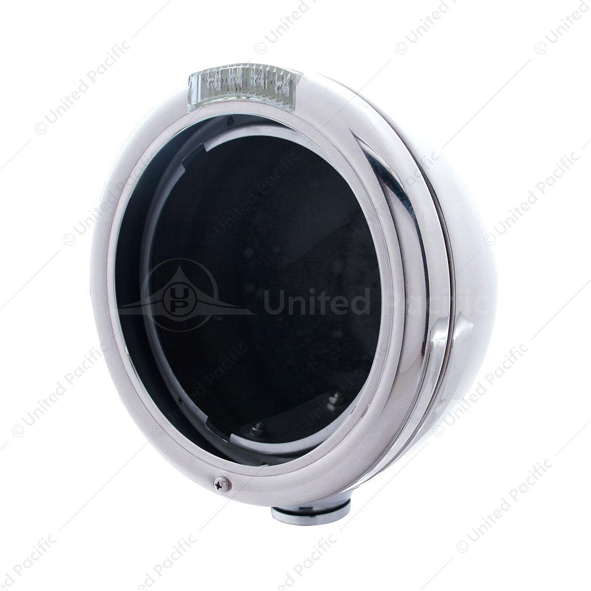 Chrome Classic Headlight No Bulb With LED Turn Signal - Amber LED/Clear Lens