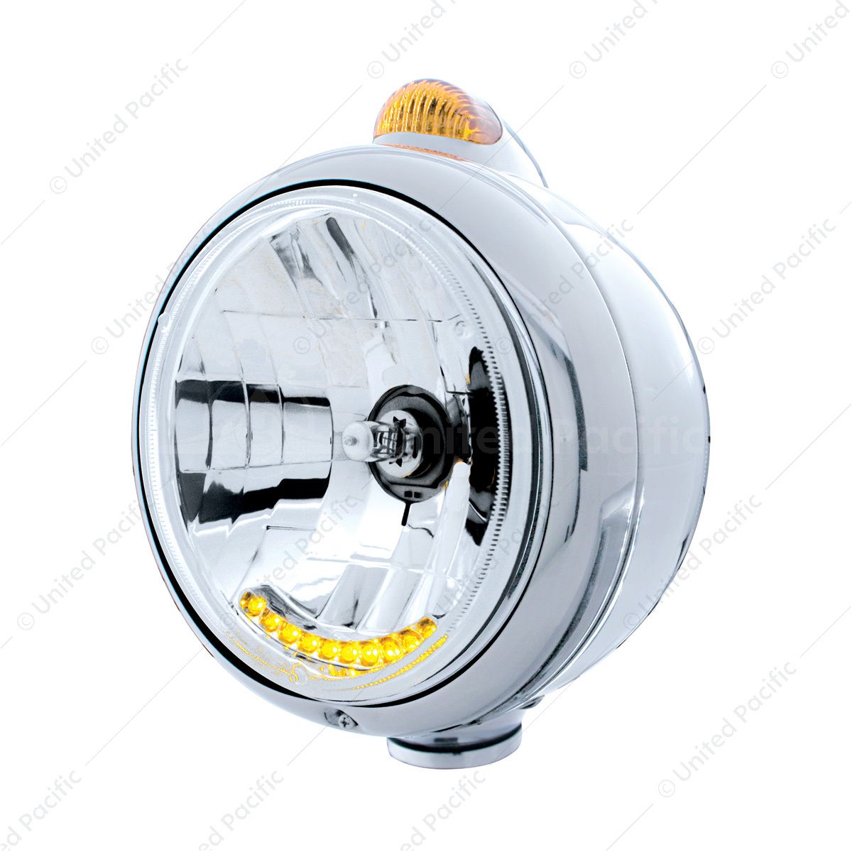 Chrome Guide 682-C Headlight H4 With 10 Amber LED & Dual Mode LED Signal - Amber Lens