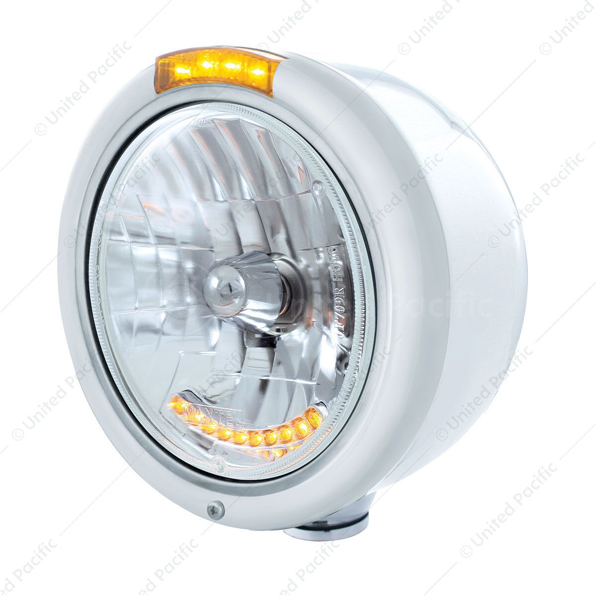 Stainless Steel Classic Half Moon Headlight H4 With LED Turn Signal - Amber LED/Lens