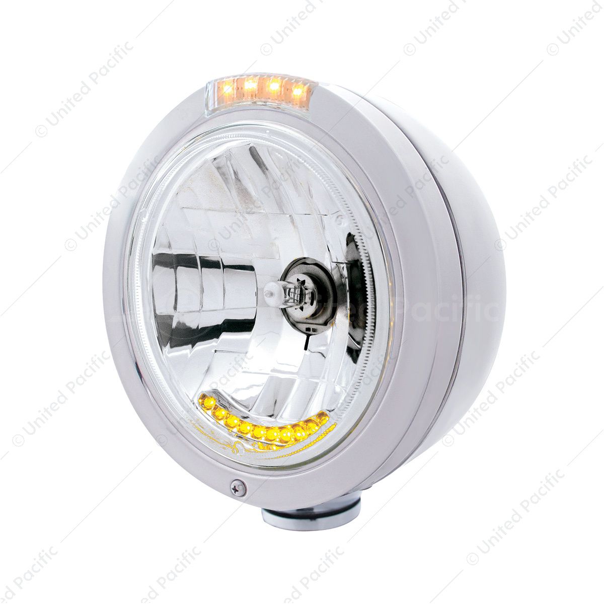Stainless Steel Bullet Classic Headlight H4 With 10 Amber LED & Dual Mode LED Signal - Clear Lens