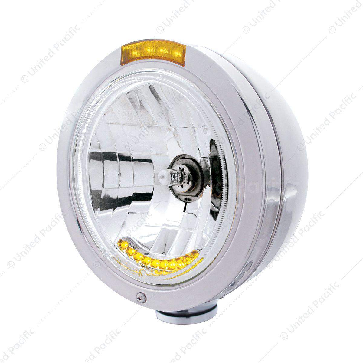 Stainless Steel Bullet Classic Headlight H4 With 10 Amber LED & LED Signal - Amber Lens