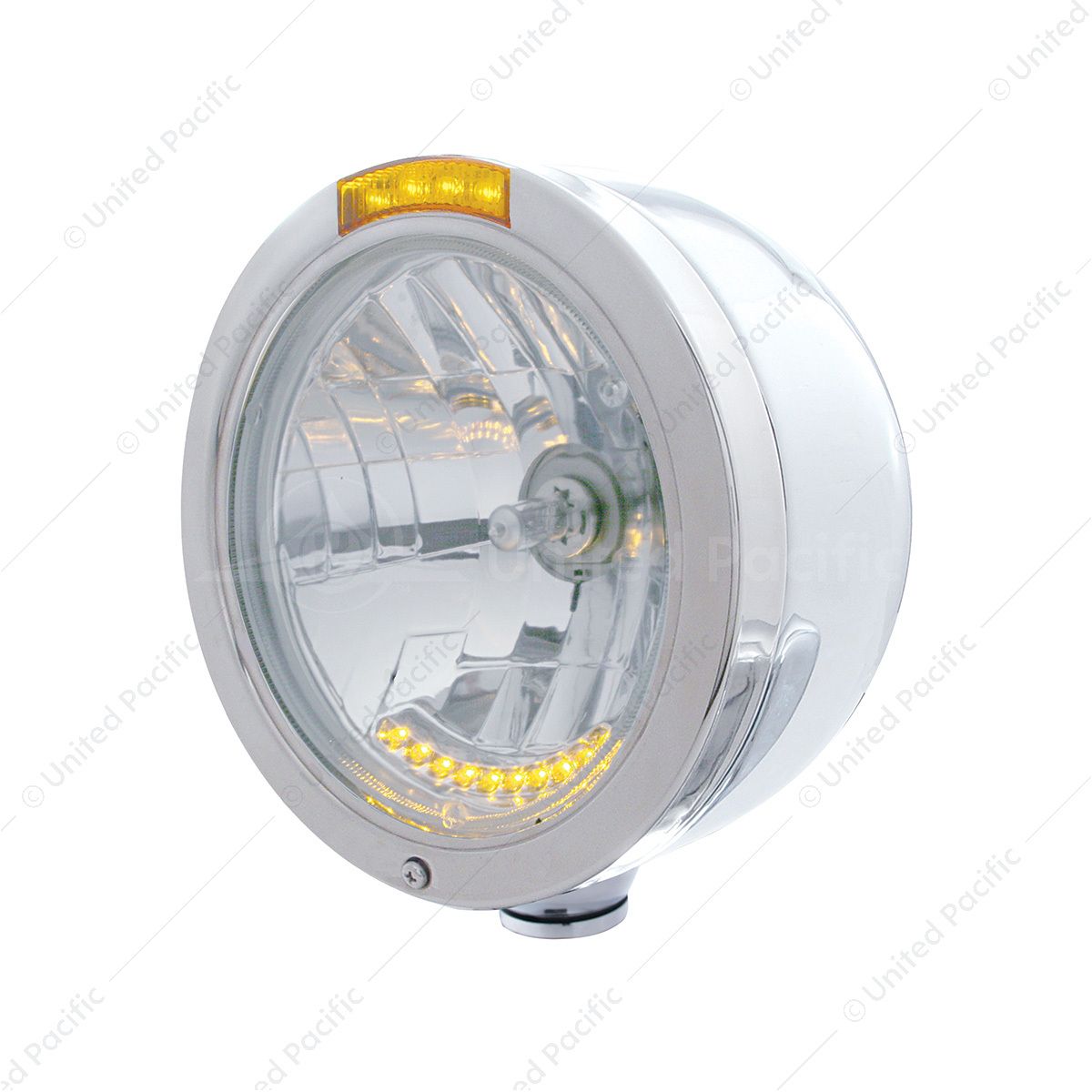 Stainless Steel Bullet Half Moon Headlight H4 With 10 Amber LED & Signal - Amber Lens