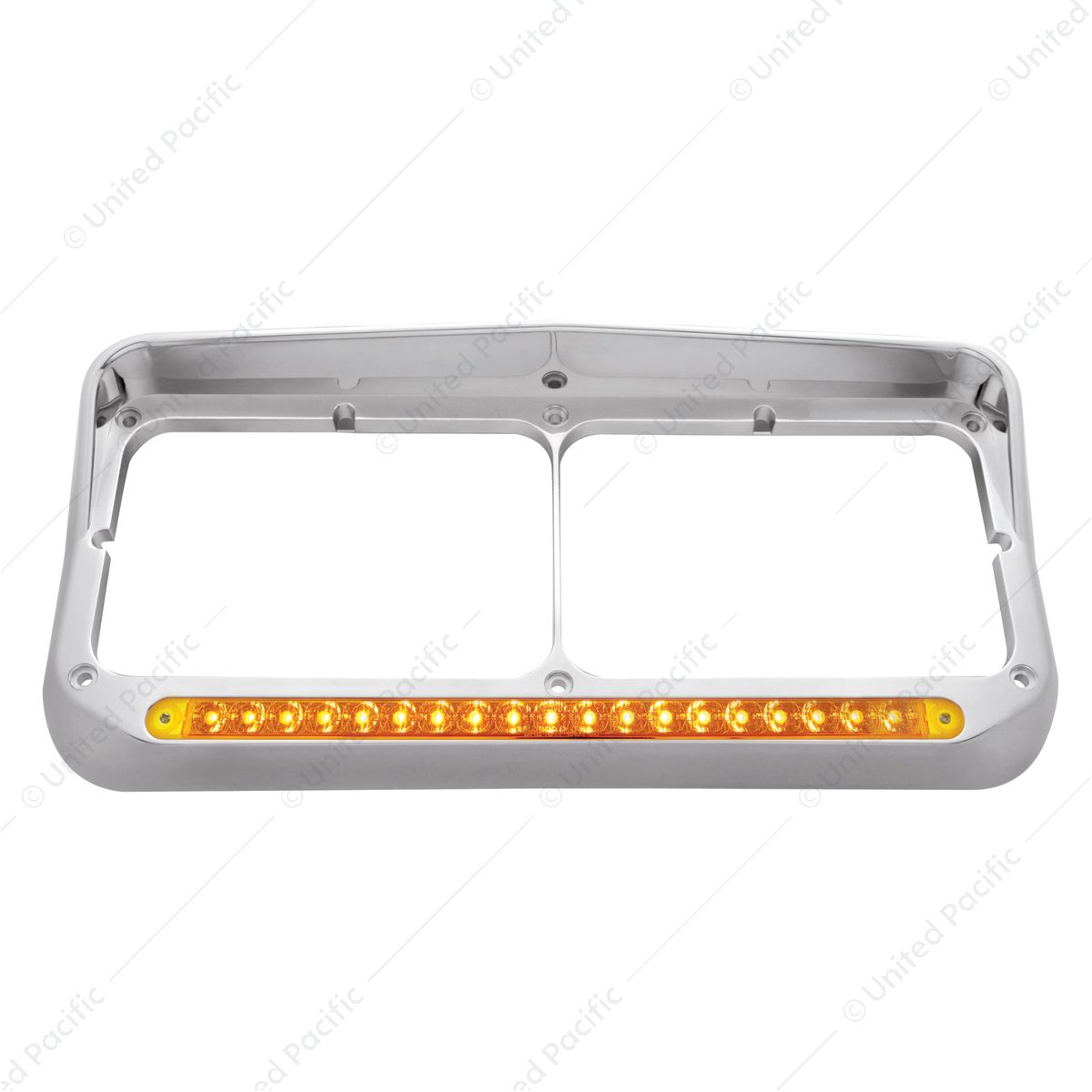 Chrome Rectangular Dual Headlight Bezel With Visor & 19 LED Light Bar - Amber LED/Amber Lens