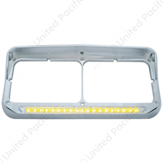 Chrome Rectangular Dual Headlight Bezel With Visor & 19 LED Light Bar - Amber LED/Clear Lens