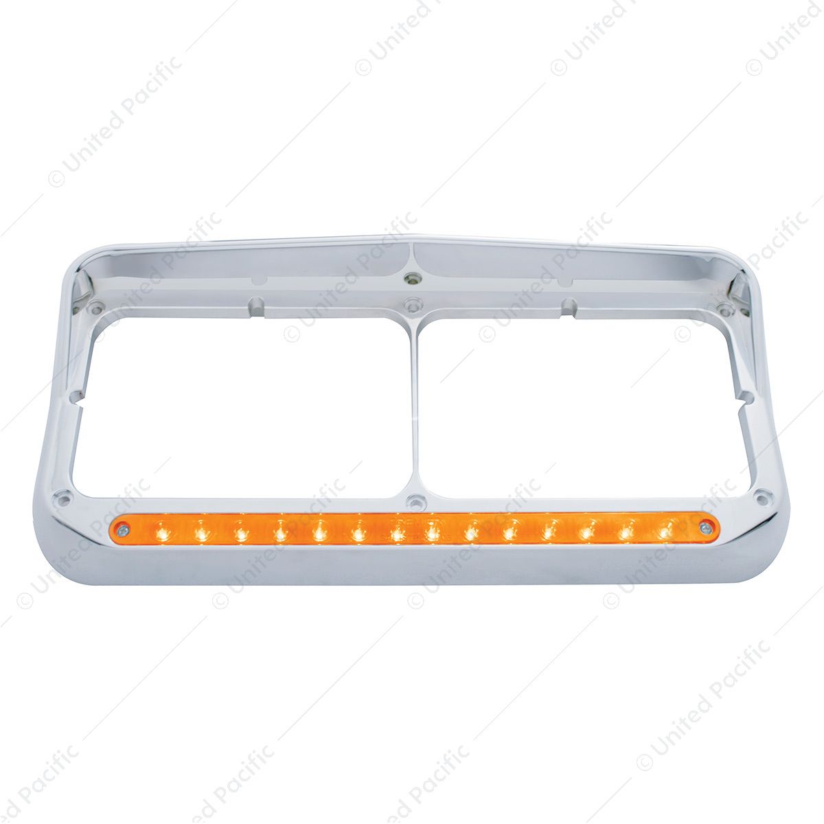 14 LED Chrome Rectangular Dual Headlight Bezel With Visor - Amber LED/Amber Lens