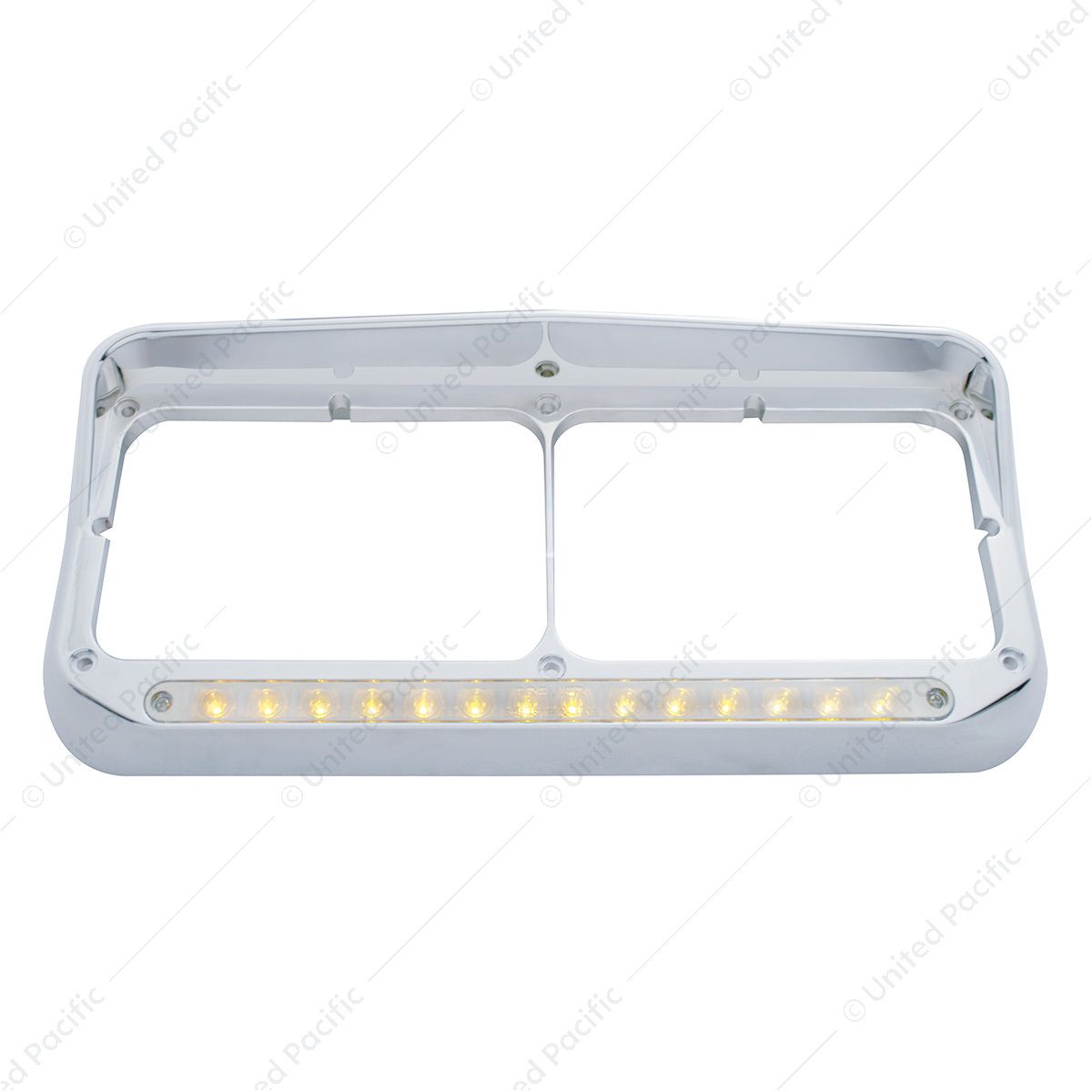 14 LED Chrome Rectangular Dual Headlight Bezel With Visor - Amber LED/Clear Lens