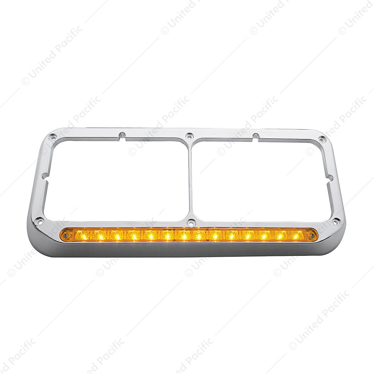 14 LED Chrome Rectangular Dual Headlight Bezel - Amber LED/Amber Lens