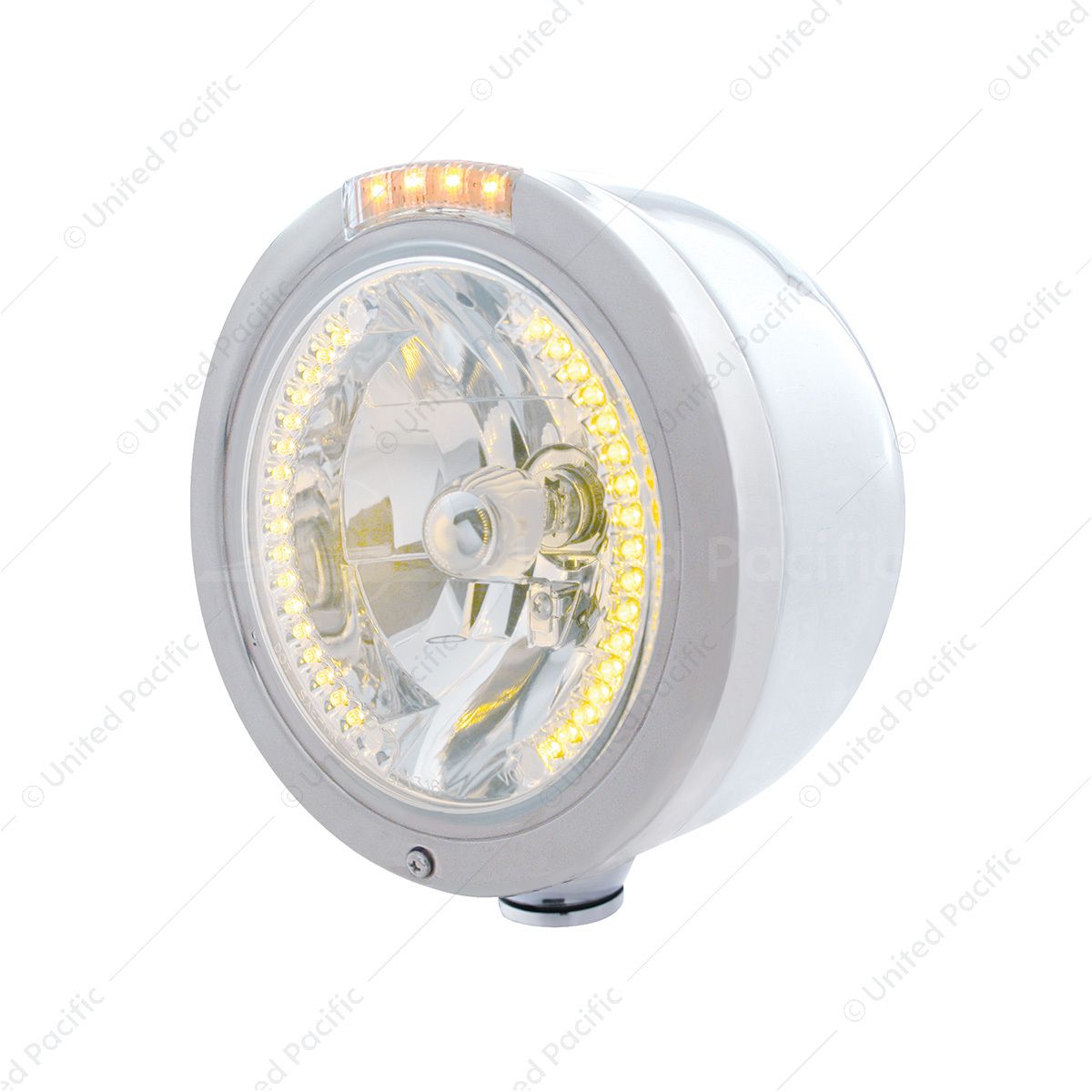 Stainless Steel Bullet Half Moon Headlight H4 With Amber LED & Signal - Clear Lens