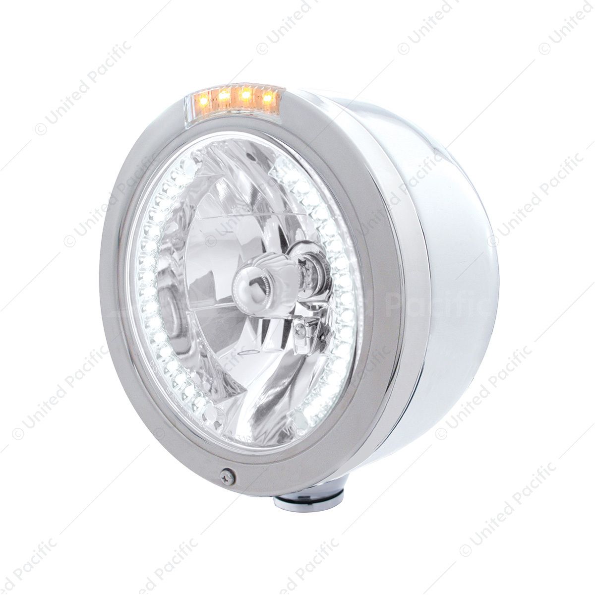 Stainless Steel Bullet Half Moon Headlight H4 With White LED & Dual Mode LED Signal-Clear Lens