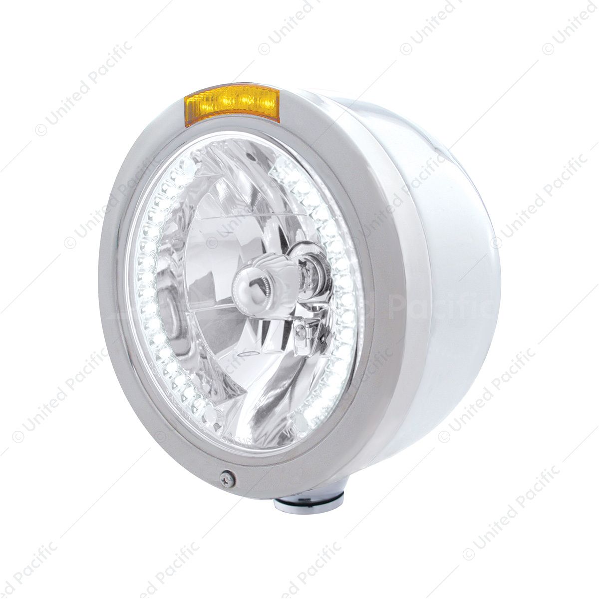 Stainless Steel Bullet Half Moon Headlight H4 With White LED & Signal - Amber Lens
