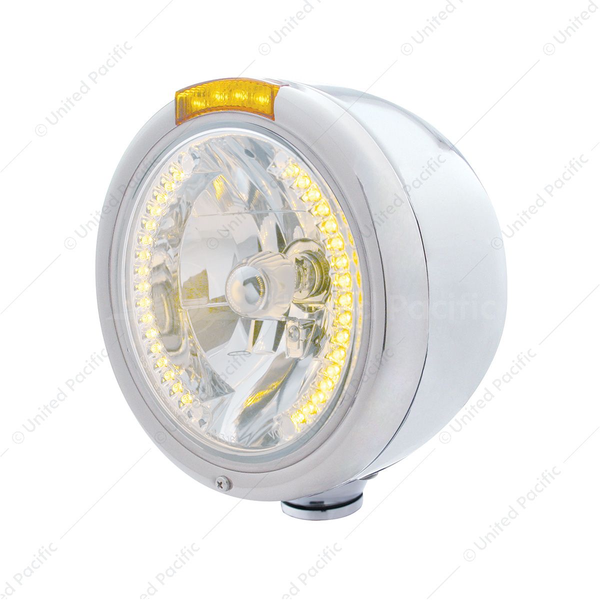 Stainless Steel Classic Half Moon Headlight H4 With Amber LED & Dual Mode LED Signal-Amber Lens