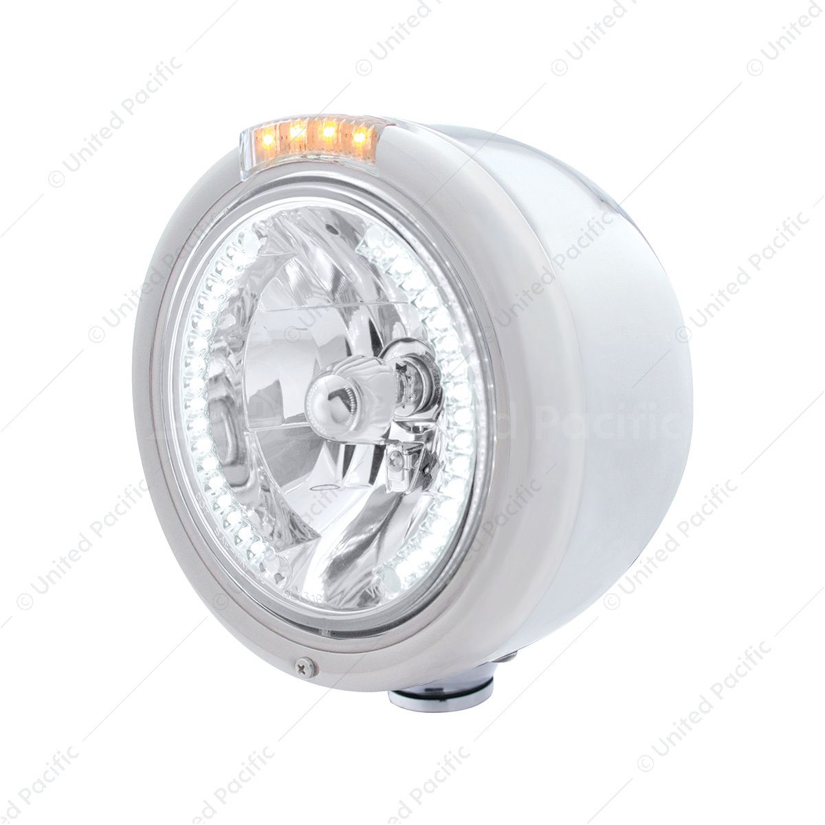 Stainless Steel Classic Half Moon Headlight H4 With White LED & Dual Mode LED Signal-Clear Lens