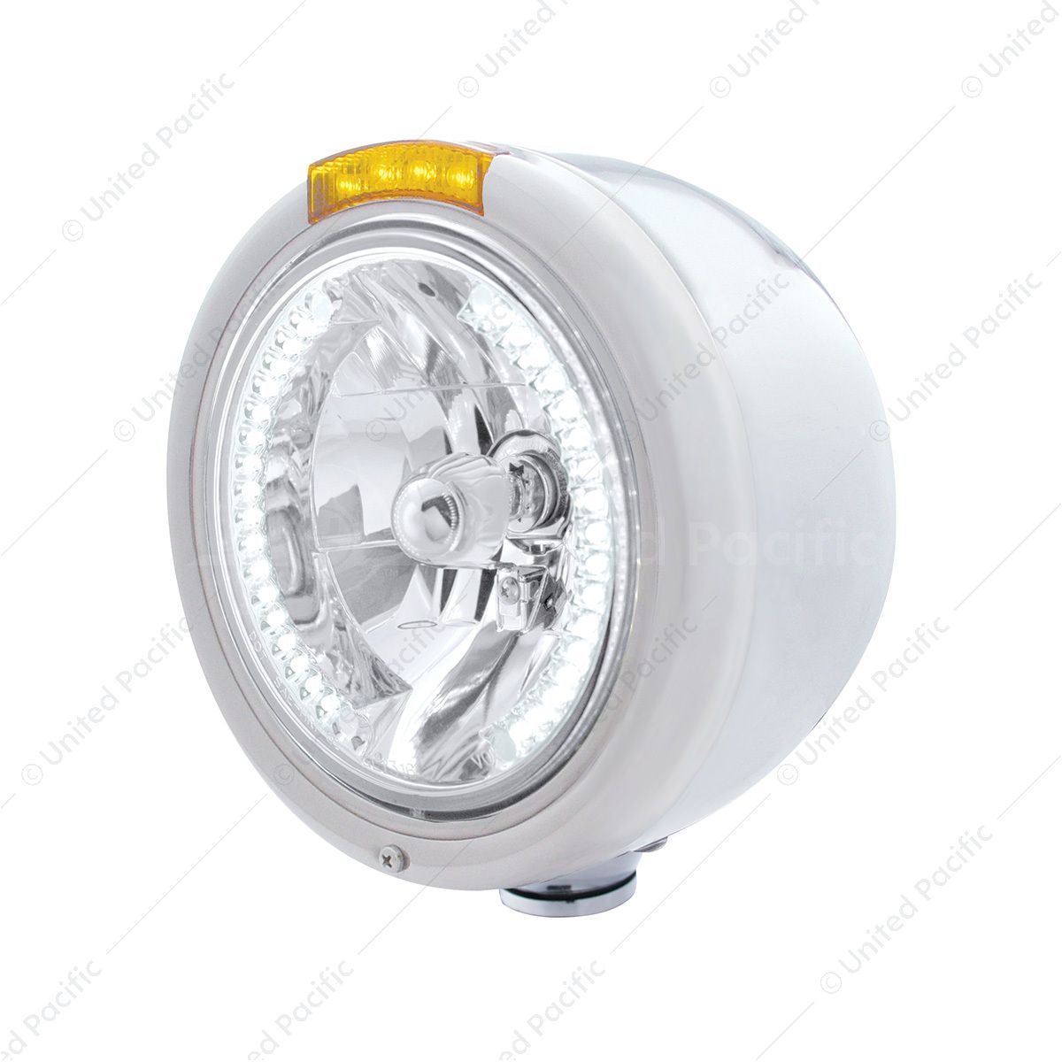 Stainless Steel Classic Half Moon Headlight H4 With White LED & Signal - Amber Lens