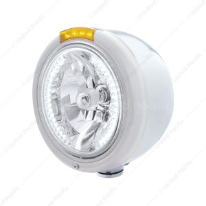 Stainless Steel Classic Half Moon Headlight H4 With White LED & Signal - Amber Lens
