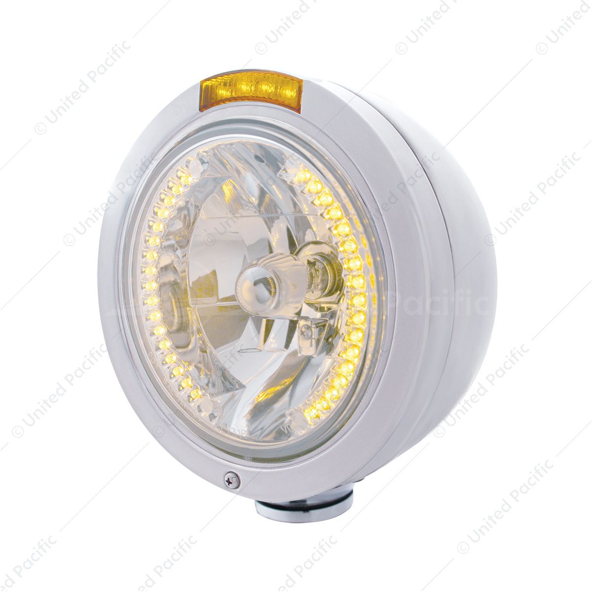 Stainless Steel Bullet Classic Headlight H4 With Amber LED & Dual Mode LED Signal - Amber Lens