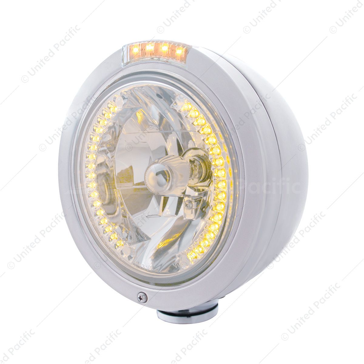 Stainless Steel Bullet Classic Headlight H4 With Amber LED & Signal - Clear Lens