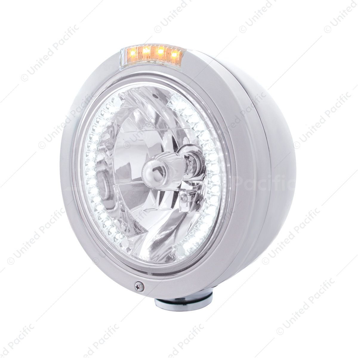 Stainless Steel Bullet Classic Headlight H4 With White LED & Dual Mode LED Signal-Clear Lens