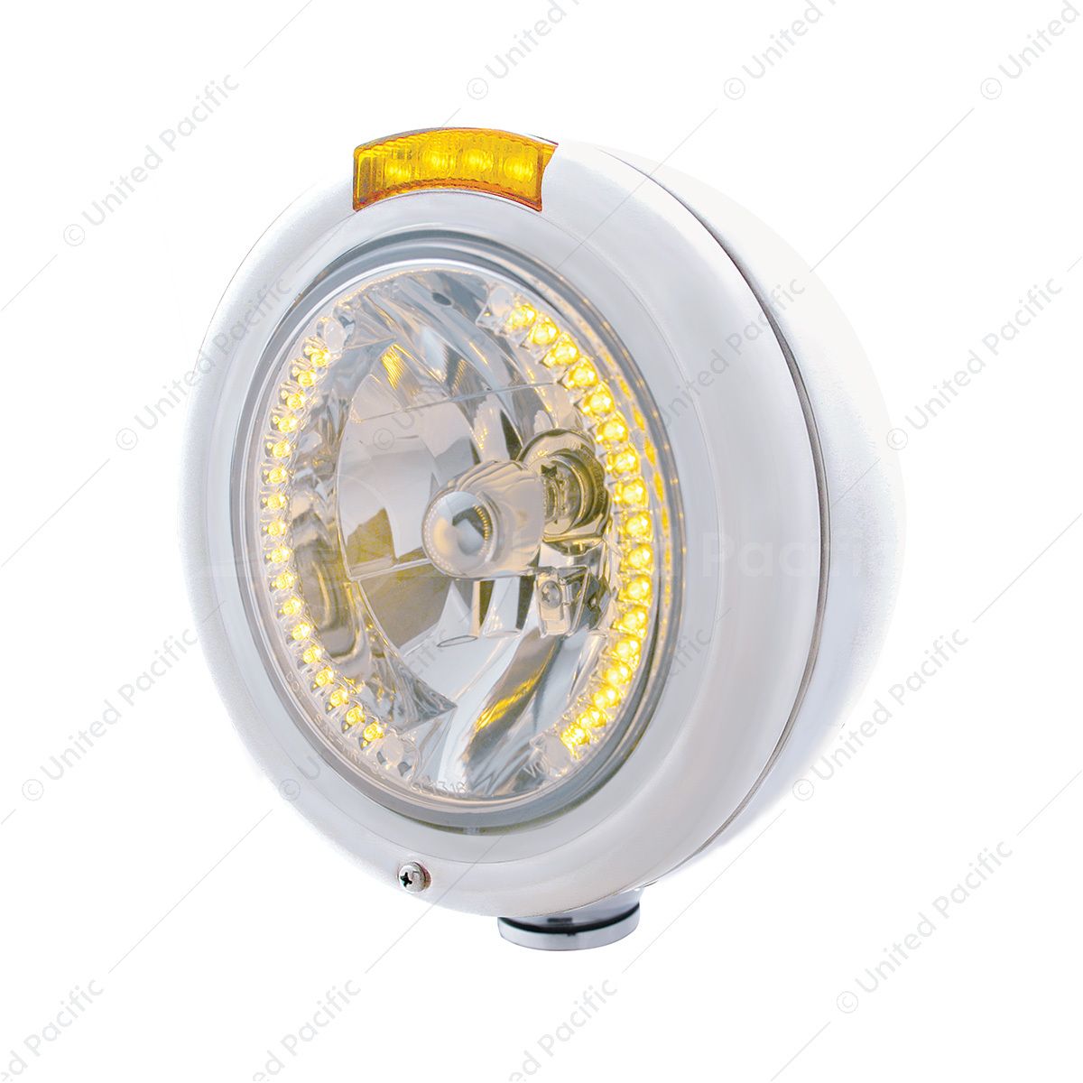 Stainless Steel Classic Headlight H4 With 34 Amber LED & Dual Mode LED Signal - Amber Lens