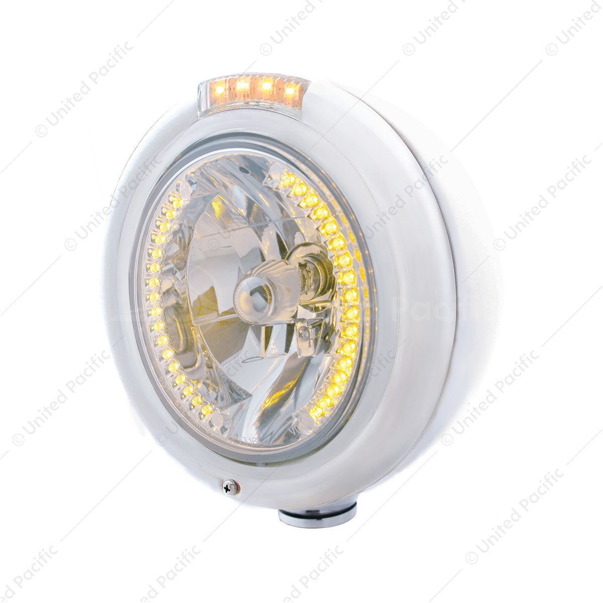 Stainless Steel Classic Headlight H4 With 34 Amber LED & Dual Mode LED Signal - Clear Lens