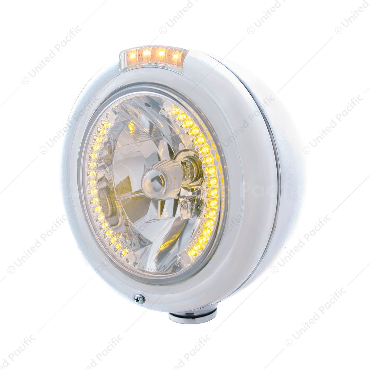 Stainless Steel Classic Headlight H4 With 34 Amber LED & Signal - Clear Lens