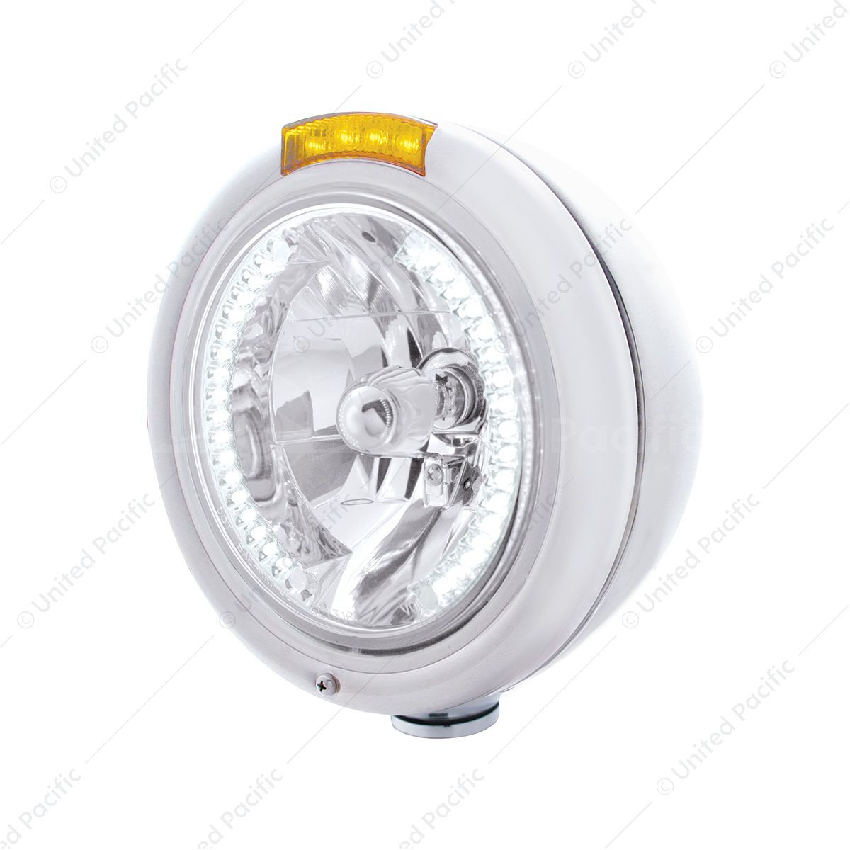 Stainless Steel Classic Headlight H4 With 34 White LED & Dual Mode LED Signal - Amber Lens
