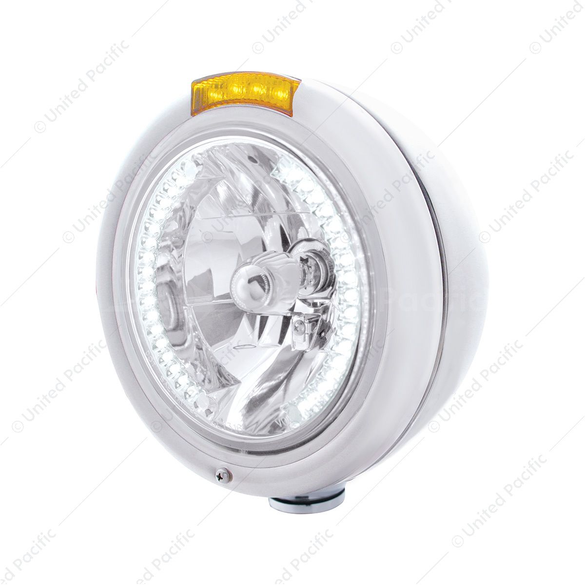 Stainless Steel Classic Headlight H4 With 34 White LED & Signal - Amber Lens