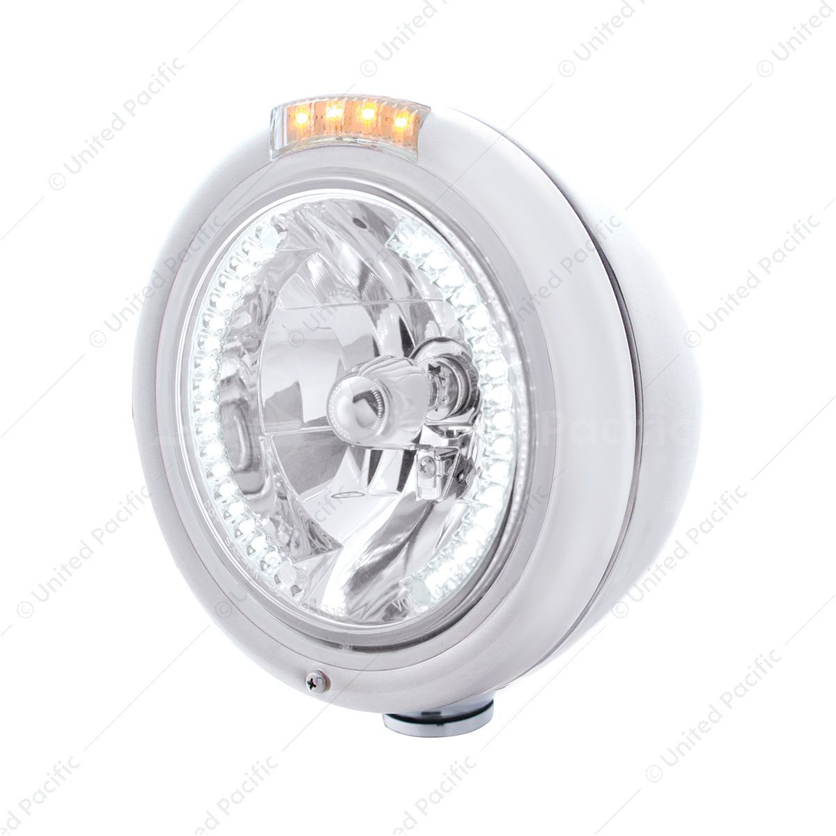 Stainless Steel Classic Headlight H4 With 34 White LED & Signal - Clear Lens