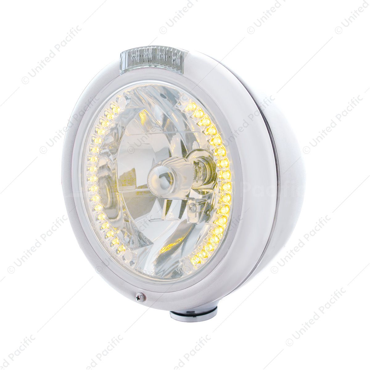Chrome Classic Headlight H4 With 34 Amber LED & Dual Mode LED Signal - Clear Lens