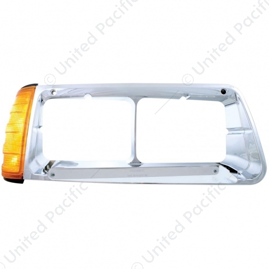 14 LED Headlight Bezel With Turn Signal For 1989-2009 Freightliner FLD - Passenger - Amber LED/Chrom