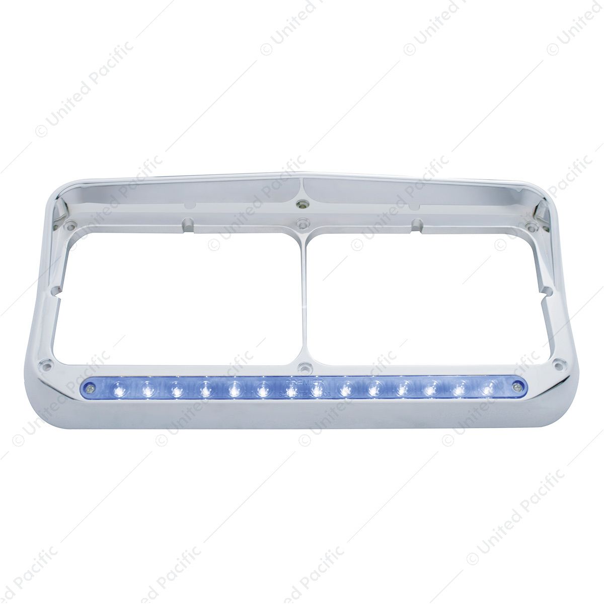 14 LED Chrome Rectangular Dual Headlight Bezel With Visor - Blue LED/Clear Lens