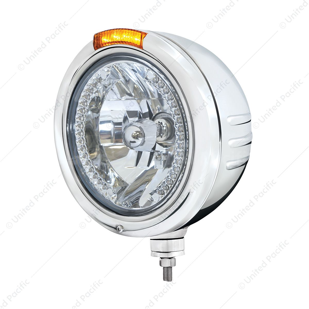 SS Classic Embossed Stripe Headlight H4 With White LED & Dual Mode LED Signal -Amber Lens