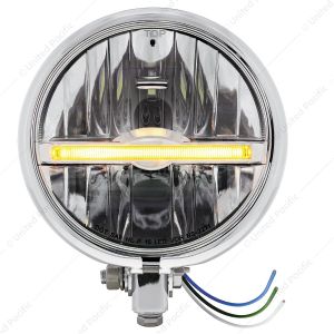 Chrome 5-3/4" Motorcycle Headlight 9 LED Bulb With Amber LED Light Bar