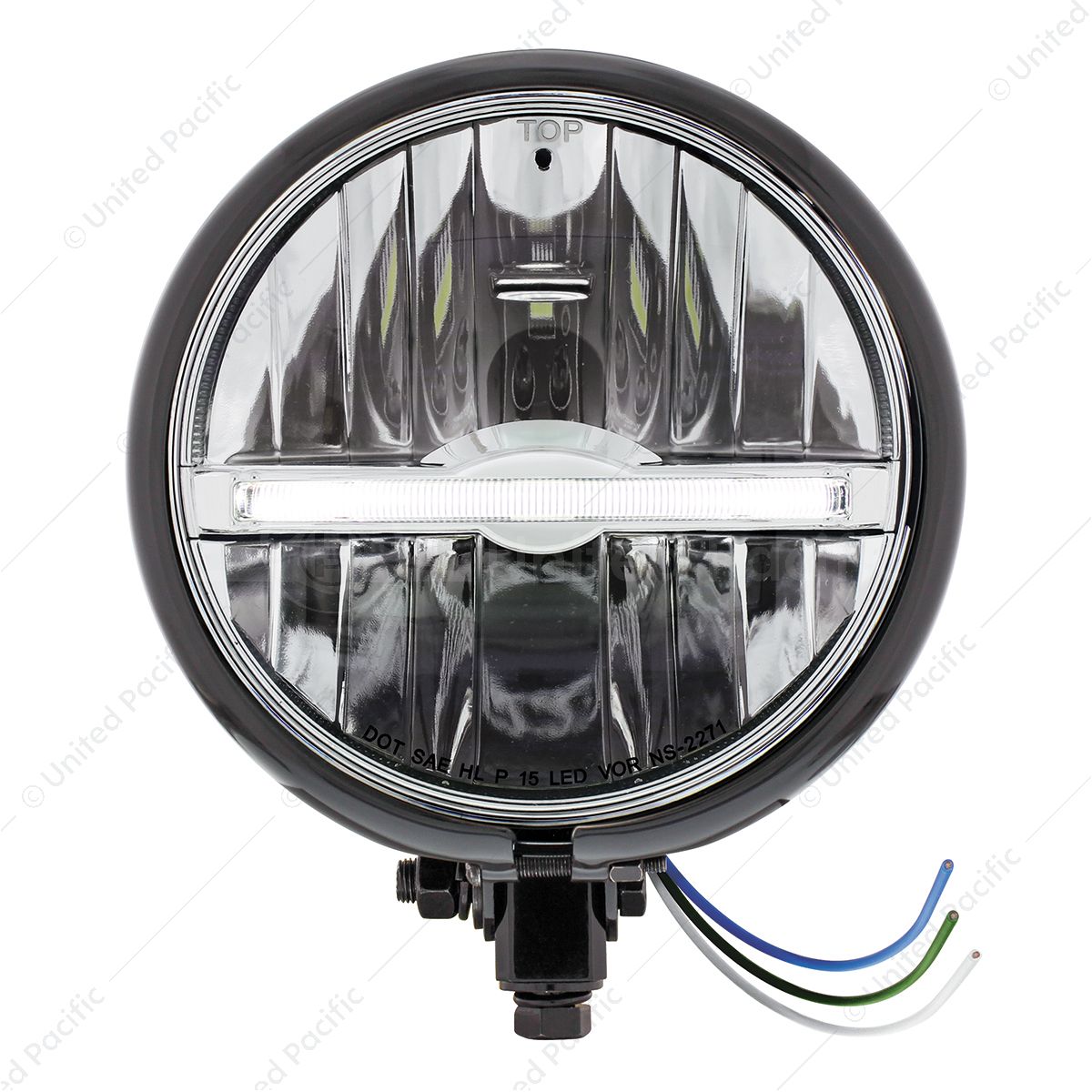 Black 5-3/4" Motorcycle Headlight 9 LED Bulb With White LED Light Bar - Bottom Mount